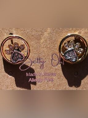 Gold Paw Print Stud Earrings with Beautiful Clear Crystals! Bow Wowwww!
